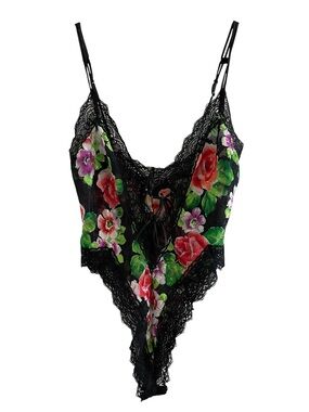 Victoria's Secret Gold Label Vintage Black Floral Lace-Trim Teddy